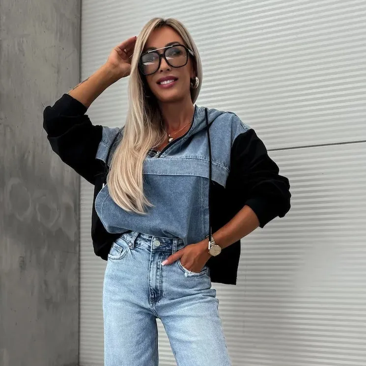 Women's Layered Hoodie Denim Jacket with Drawstring