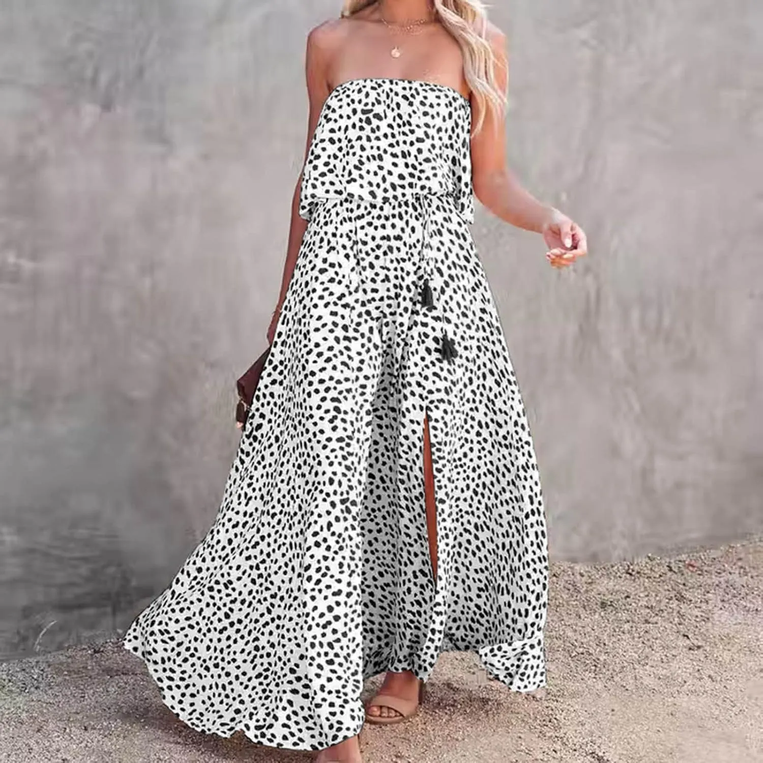 Women's Leopard Print Bustier Dress Waist Cinching High Elastic Dresses Ankle Length Split Sexy Flowy Sundress