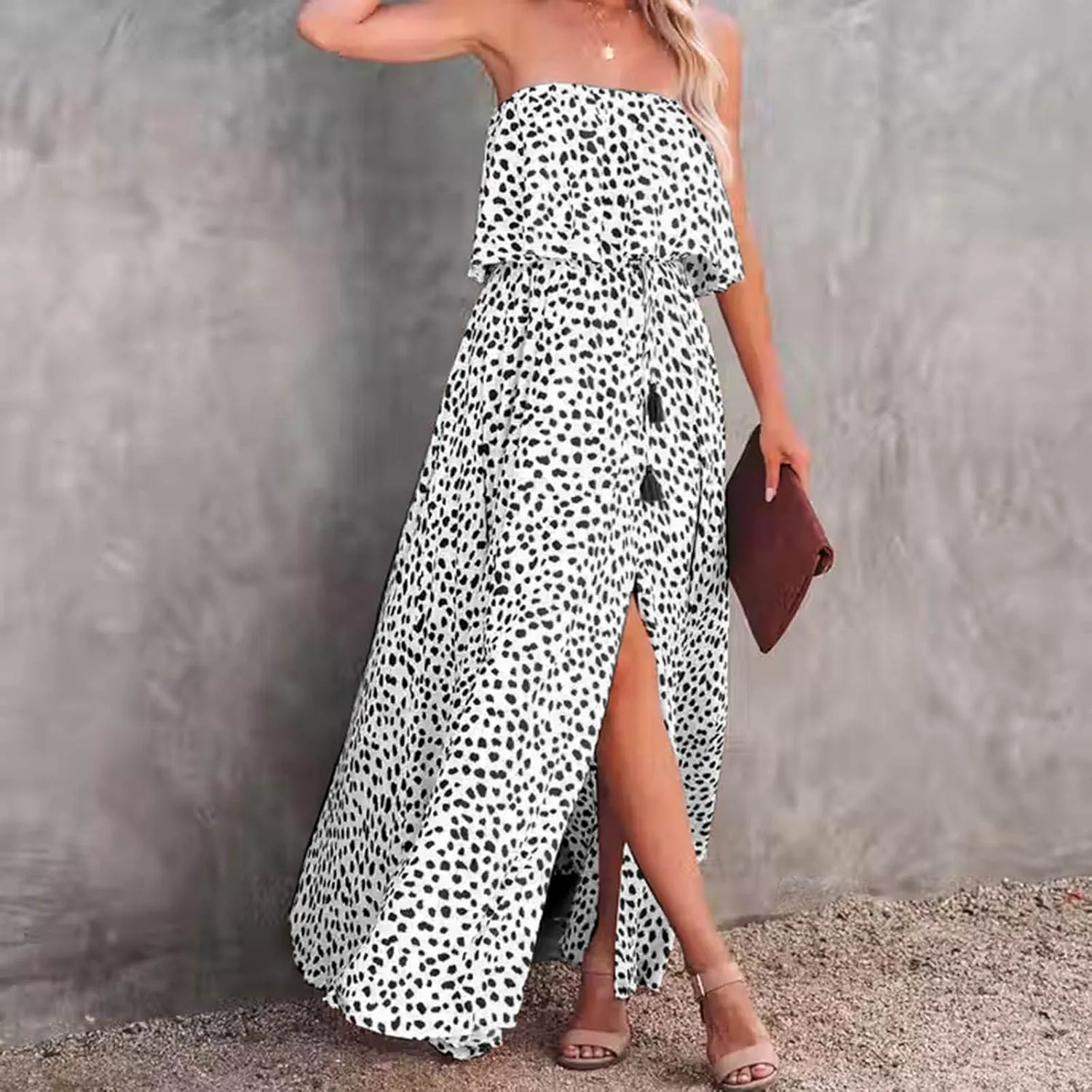 Women's Leopard Print Bustier Dress Waist Cinching High Elastic Dresses Ankle Length Split Sexy Flowy Sundress