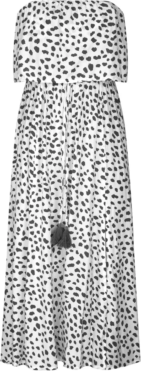 Women's Leopard Print Bustier Dress Waist Cinching High Elastic Dresses Ankle Length Split Sexy Flowy Sundress