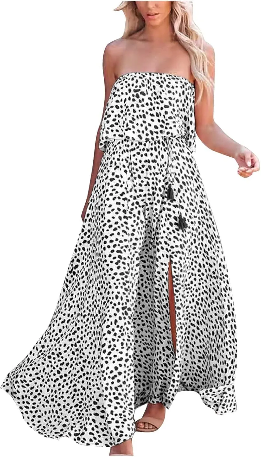 Women's Leopard Print Bustier Dress Waist Cinching High Elastic Dresses Ankle Length Split Sexy Flowy Sundress