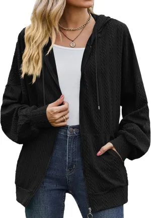 Women's Oversized Zip Up Hoodies Sweatshirts Autumn Winter Casual Long Sleeve Pockets Drawstring Track Jackets Y2K Clothes Teen Girl Fall Tops Black