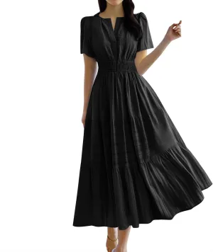 Womens Summer 2025 Casual Midi Maxi Dresses Lightweight Short Sleeve V Neck Elastic Waist Boho Beach Dress Pockets