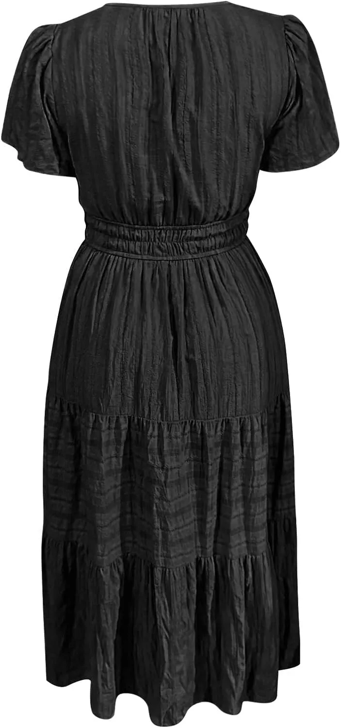 Womens Summer 2025 Casual Midi Maxi Dresses Lightweight Short Sleeve V Neck Elastic Waist Boho Beach Dress Pockets