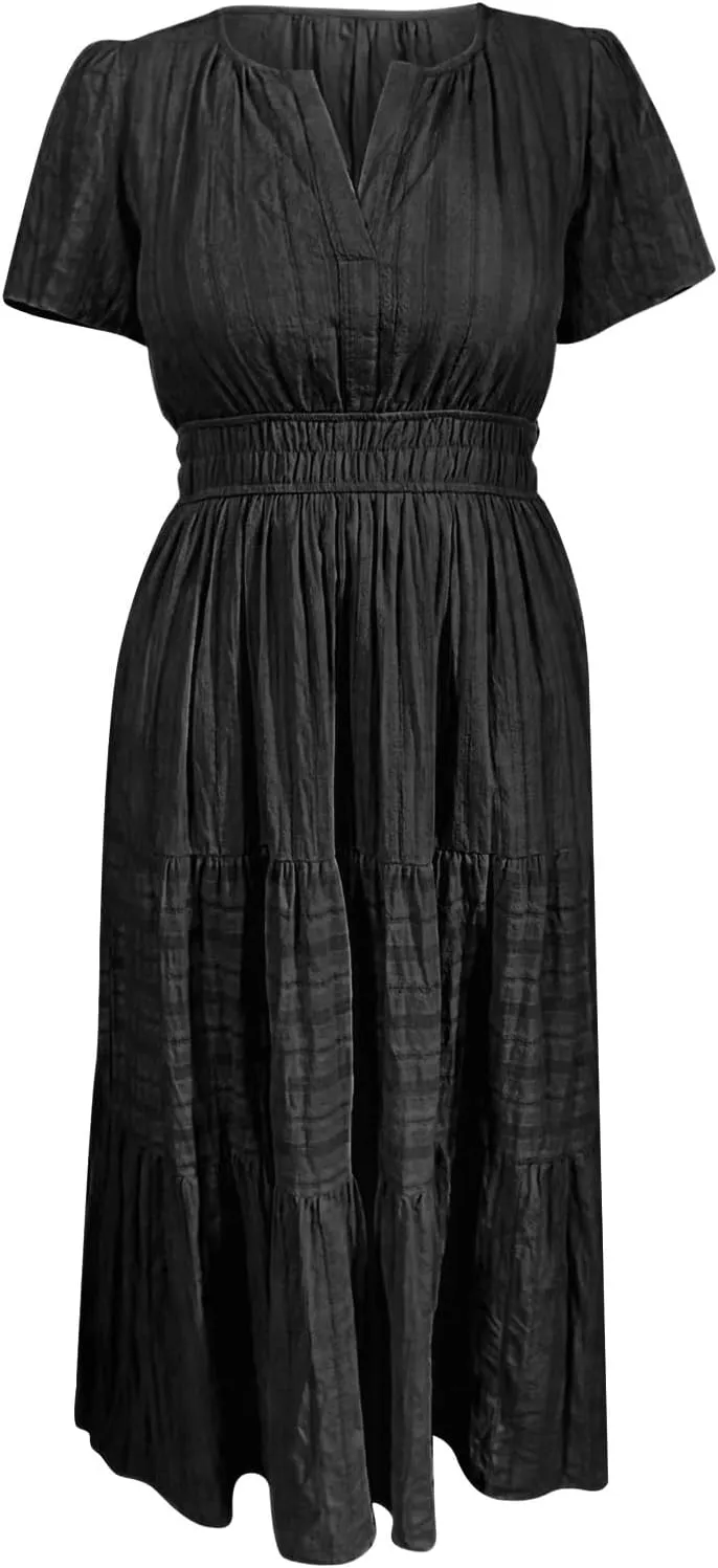 Womens Summer 2025 Casual Midi Maxi Dresses Lightweight Short Sleeve V Neck Elastic Waist Boho Beach Dress Pockets