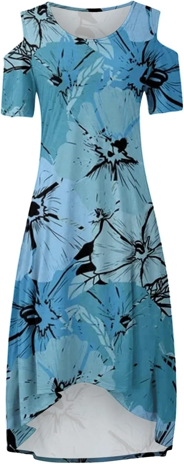 Womens Summer Dress Plus Size Casual Floral Shoulder Maxi Dress Loose Short Sleeve Crewneck High Waist A Line Dress