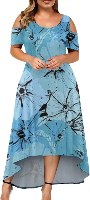 Womens Summer Dress Plus Size Casual Floral Shoulder Maxi Dress Loose Short Sleeve Crewneck High Waist A Line Dress
