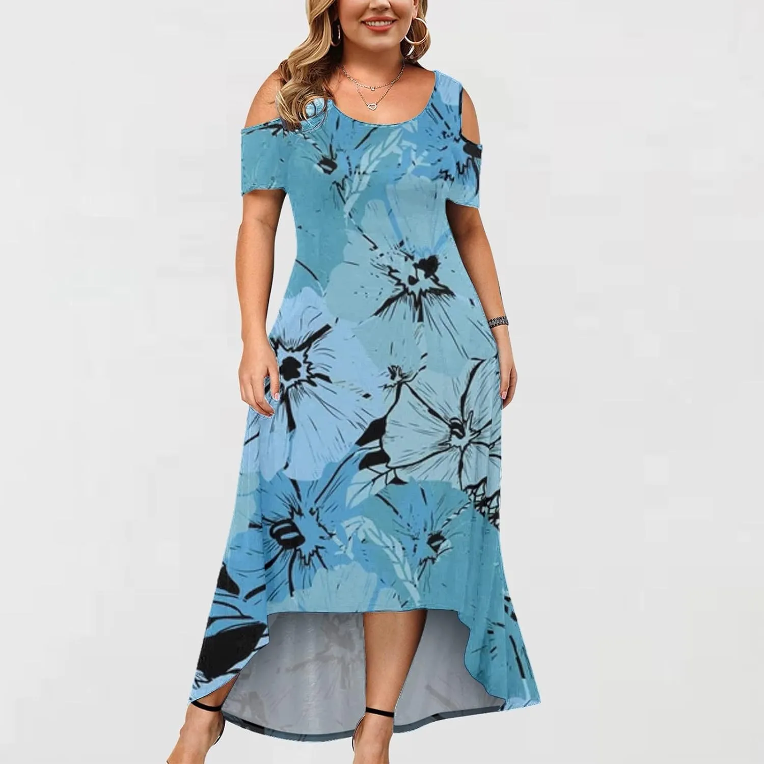 Womens Summer Dress Plus Size Casual Floral Shoulder Maxi Dress Loose Short Sleeve Crewneck High Waist A Line Dress