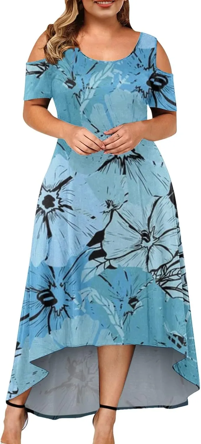 Womens Summer Dress Plus Size Casual Floral Shoulder Maxi Dress Loose Short Sleeve Crewneck High Waist A Line Dress