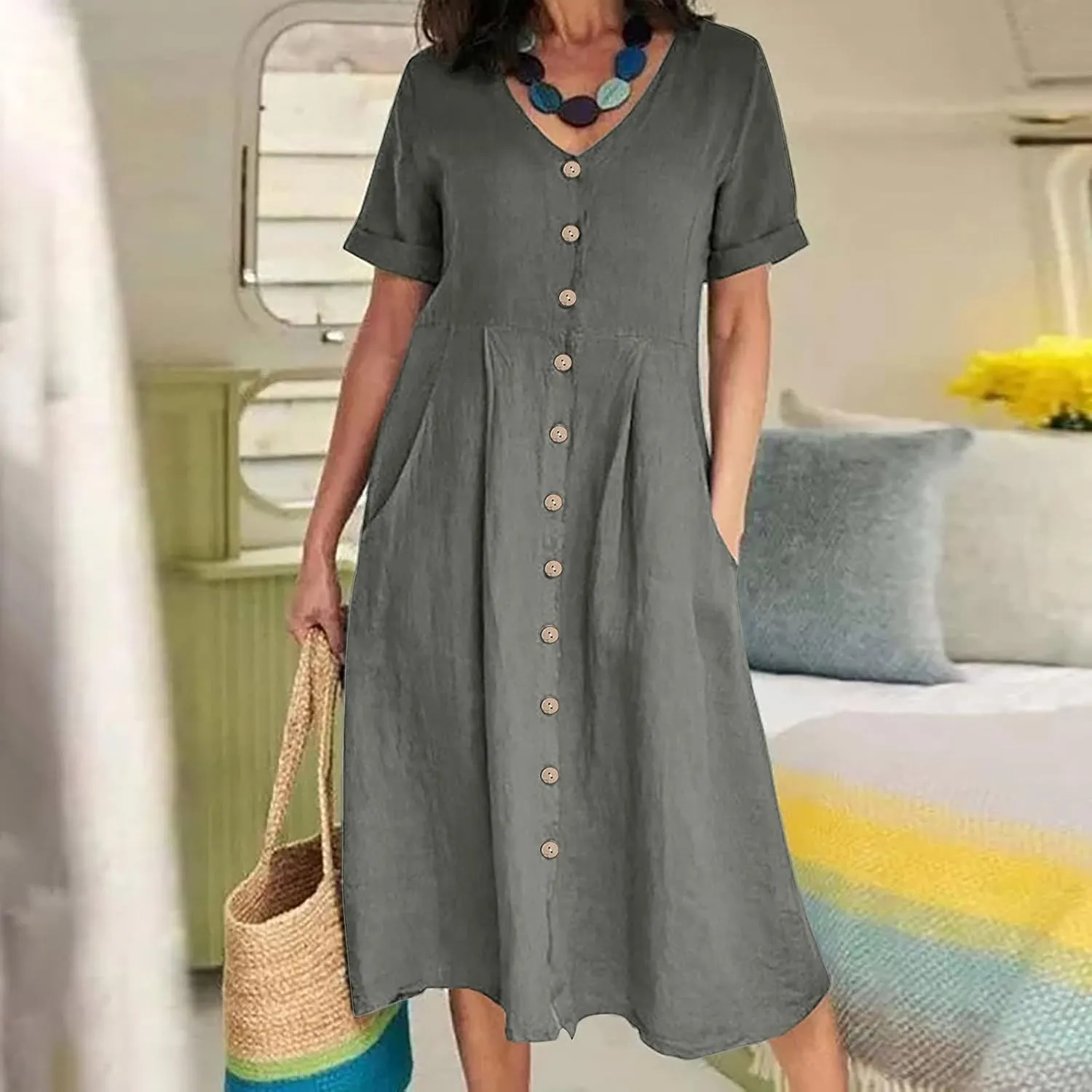 Women's Summer Dresses Casual V Neck Button Down Short Sleeve Midi Dress Loose Cotton Linen Dress with Pockets
