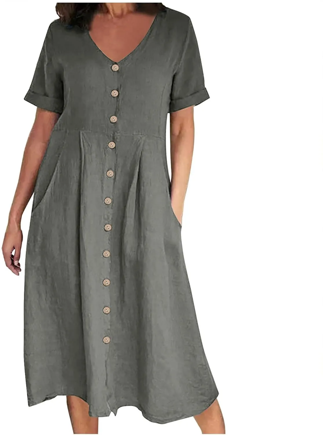 Women's Summer Dresses Casual V Neck Button Down Short Sleeve Midi Dress Loose Cotton Linen Dress with Pockets