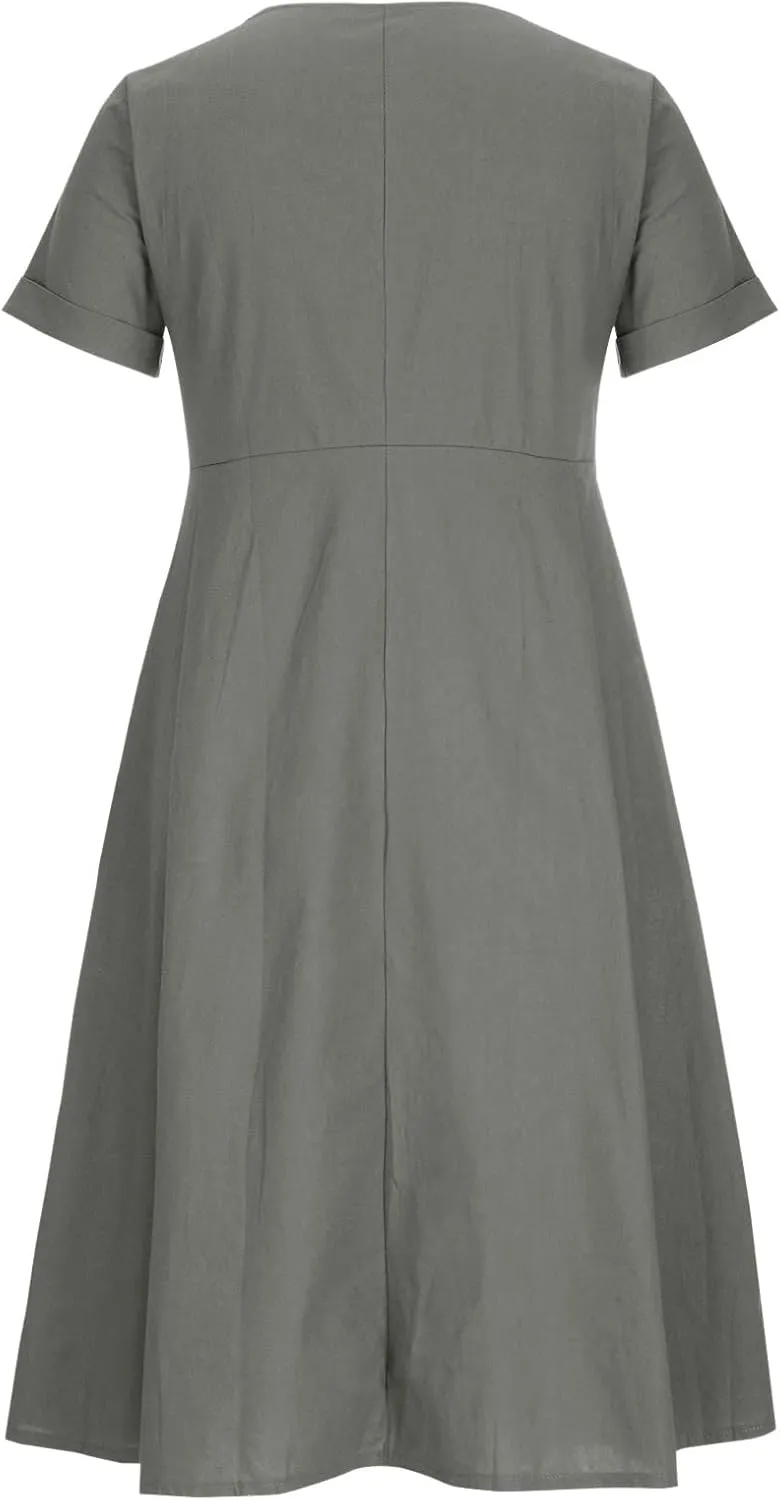 Women's Summer Dresses Casual V Neck Button Down Short Sleeve Midi Dress Loose Cotton Linen Dress with Pockets