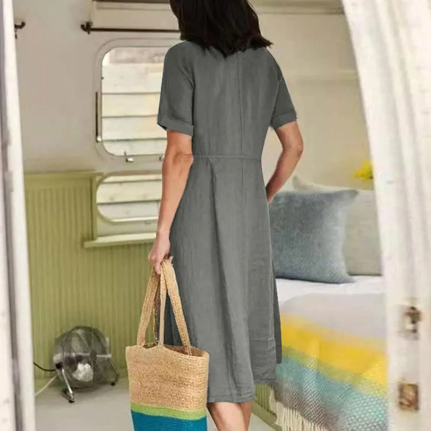 Women's Summer Dresses Casual V Neck Button Down Short Sleeve Midi Dress Loose Cotton Linen Dress with Pockets