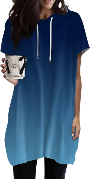 Womens Summer Oversized Hoodies Short Sleeve Shirts Color Block Tunic Tops Lightweight Pullover with Pockets