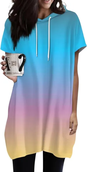 Womens Summer Oversized Hoodies Short Sleeve Shirts Color Block Tunic Tops Lightweight Pullover with Pockets