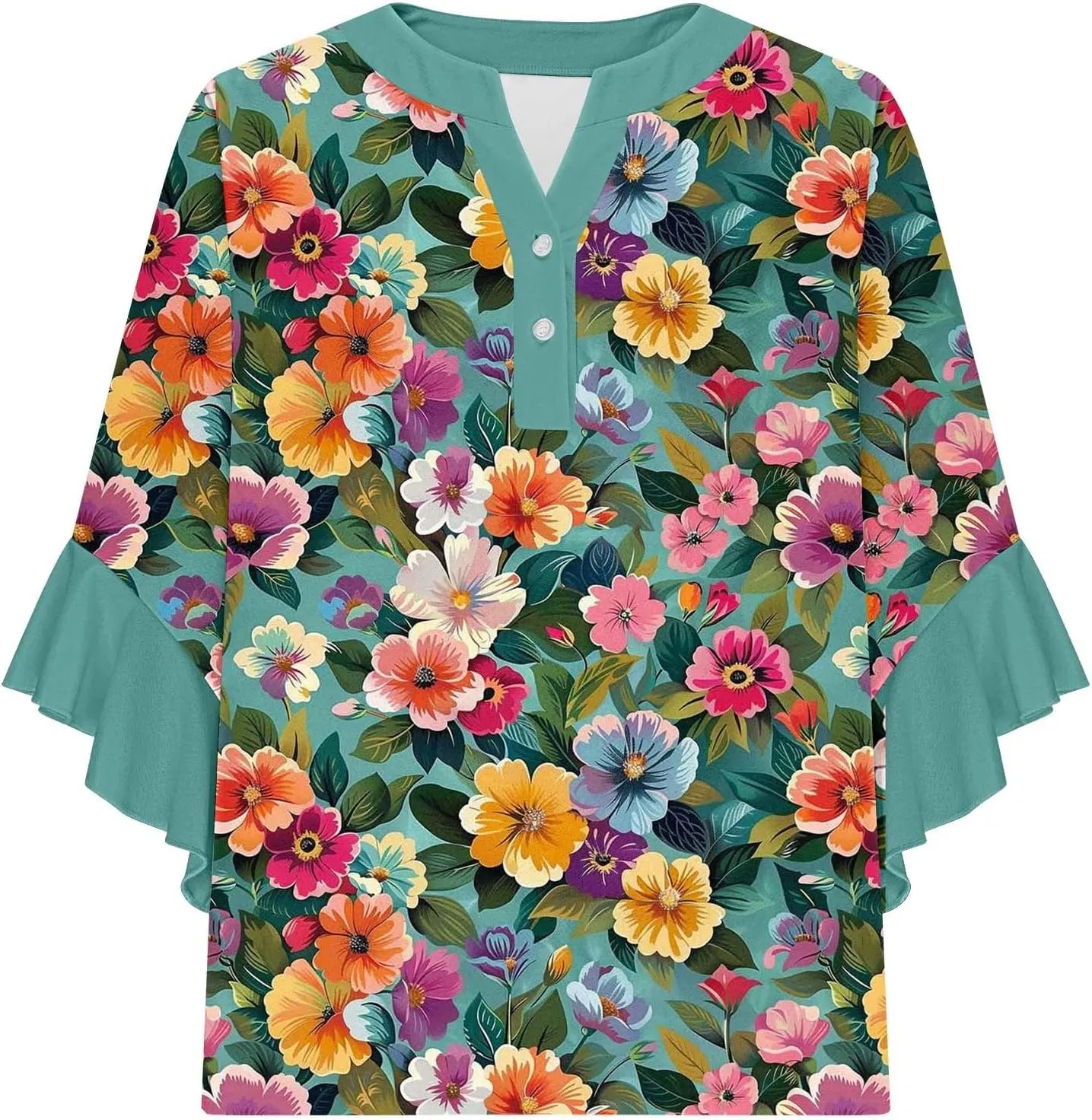 Womens Tops Dressy Casual 3/4 Length Bell Sleeve Top Oversized V Neck Floral T Shirts Summer Fashion Boho Tunics 2025