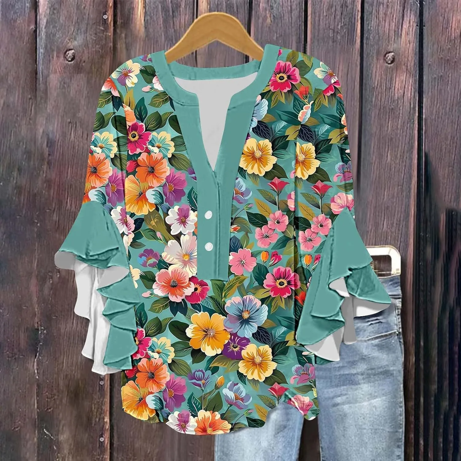 Womens Tops Dressy Casual 3/4 Length Bell Sleeve Top Oversized V Neck Floral T Shirts Summer Fashion Boho Tunics 2025