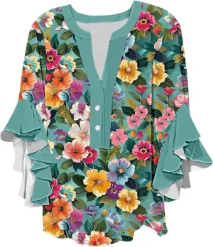 Womens Tops Dressy Casual 3/4 Length Bell Sleeve Top Oversized V Neck Floral T Shirts Summer Fashion Boho Tunics 2025
