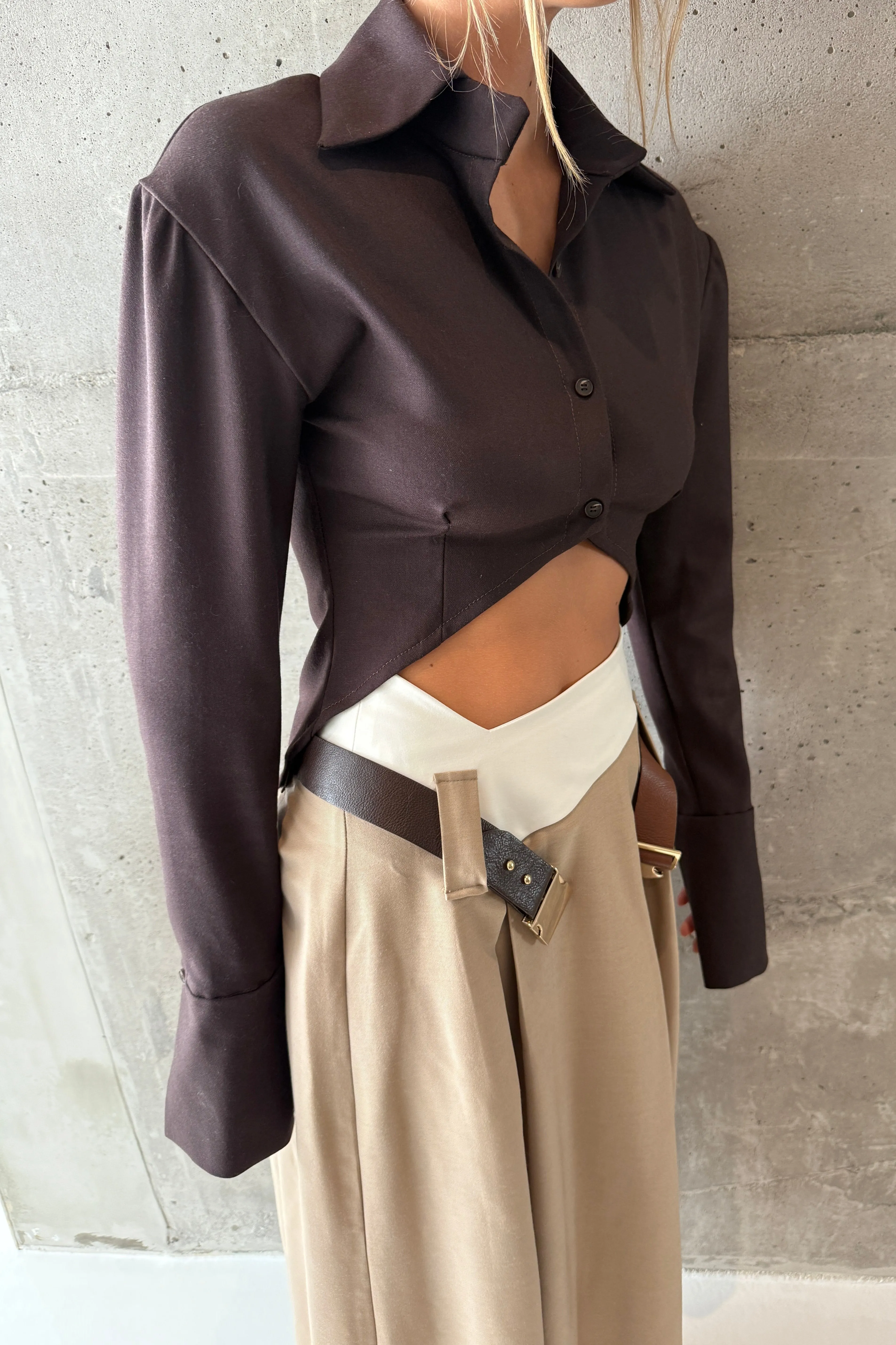 WOOL BLEND CORNERED HEM SHIRT in BROWN