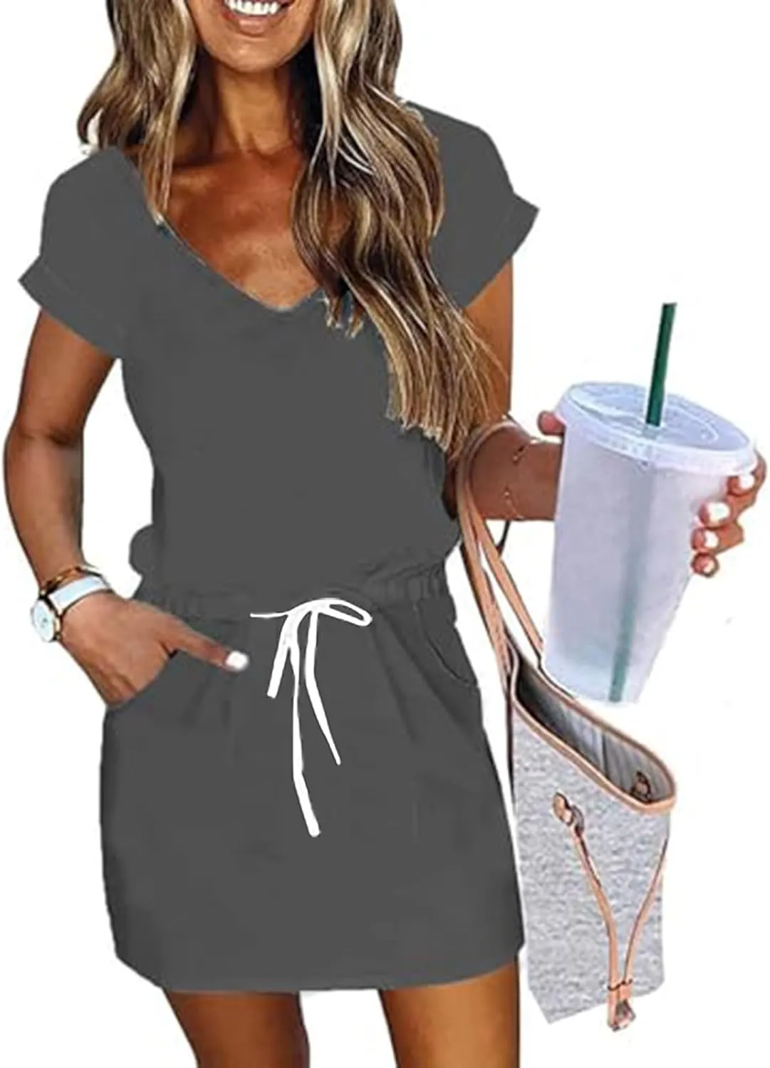 XOWRTE Women's Summer Tie Dresses 2025 Beach Casual Deep V Neck Loose Sundress Ruffle Sleeve Mini Dress A-Line Tunic Dress
