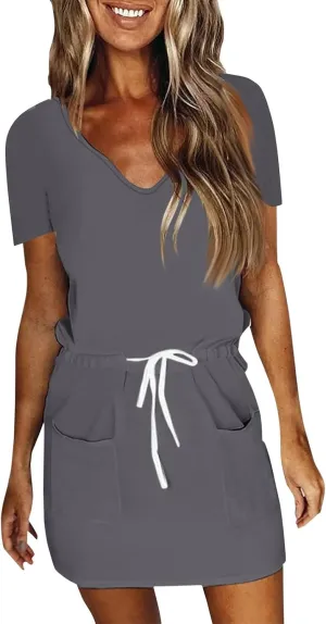 XOWRTE Women's Summer Tie Dresses 2025 Beach Casual Deep V Neck Loose Sundress Ruffle Sleeve Mini Dress A-Line Tunic Dress