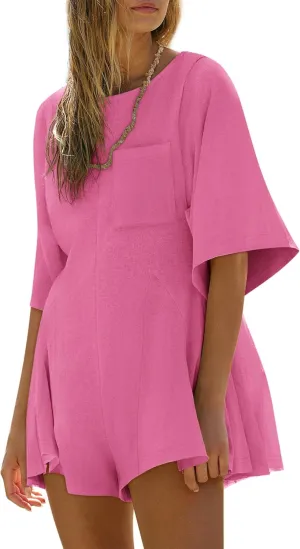 Yousify Rompers for Women 2025 Spring Outfits Summer Casual Short Sleeve Crew Neck Loose Jumpsuits with Pocket