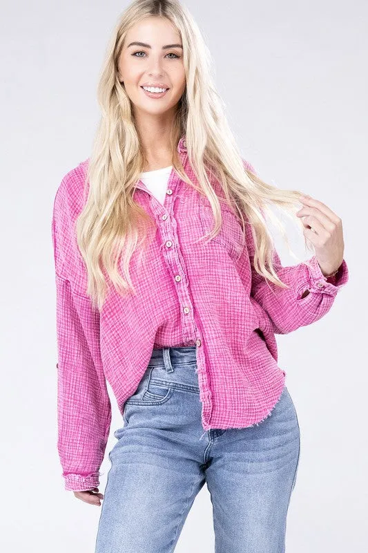 Zenana Washed Double Gauze Button Down Shirt