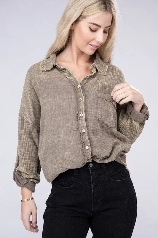 Zenana Washed Double Gauze Button Down Shirt